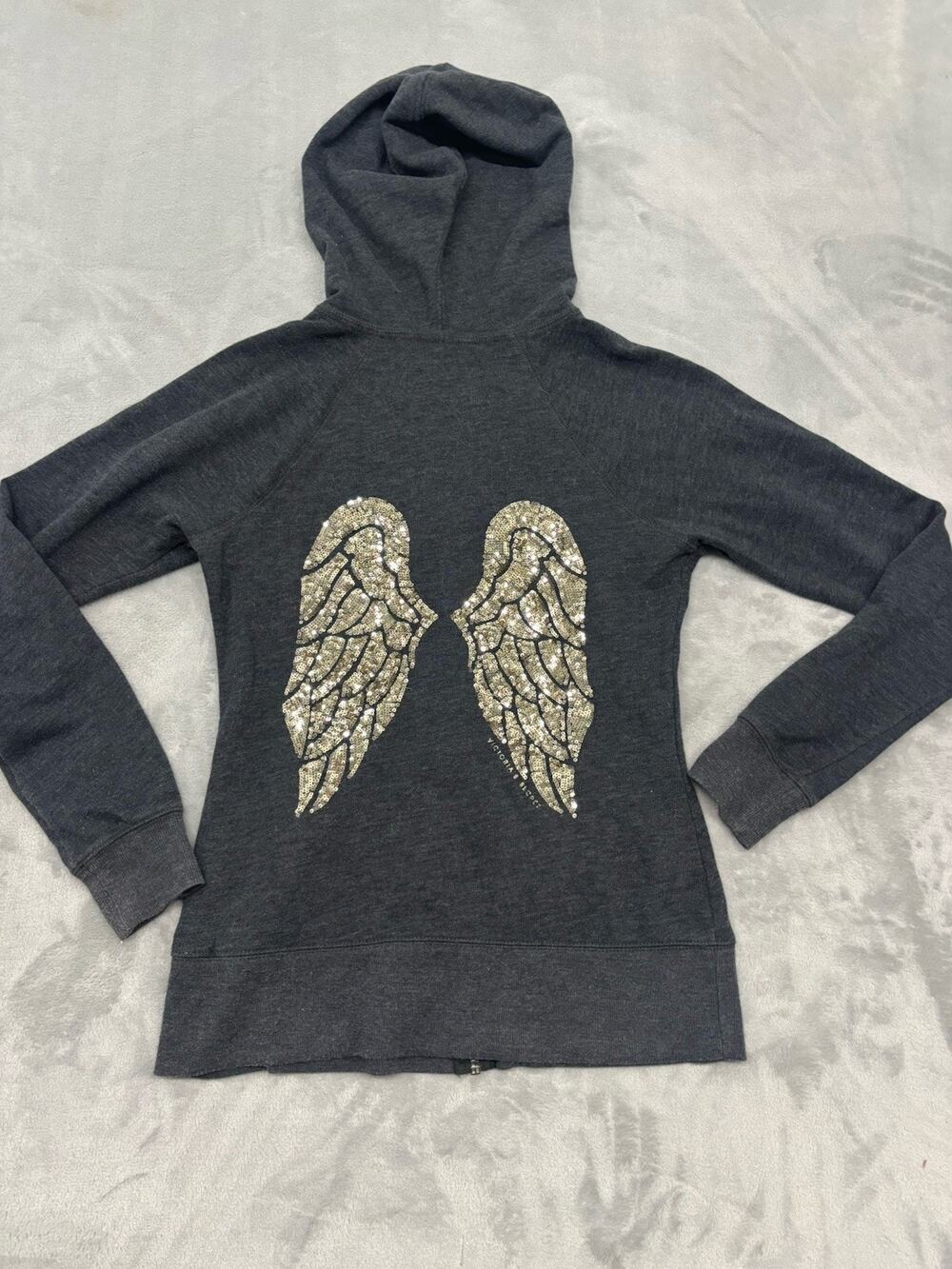 Vintage Y2K Victoria Secret Gray Full Zip Hoodie Sequin Angel Wings Size XS